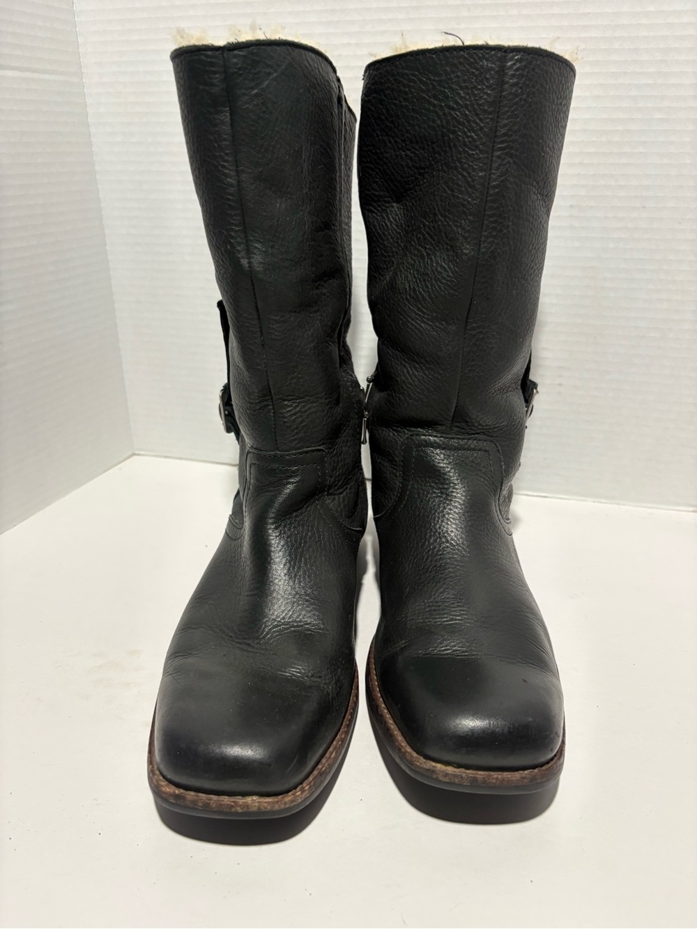 UGG Black Leather Mid-Calf Moto Boots